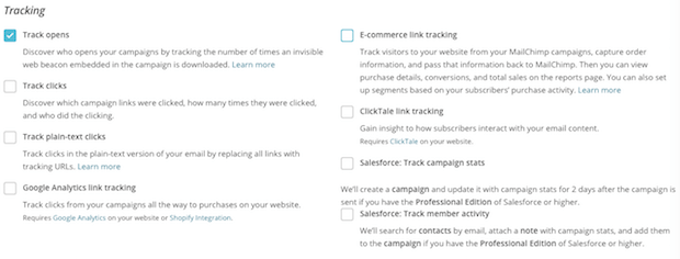 Mailchimp email marketing tracking options
