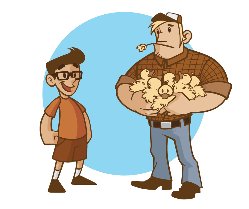Illustration of young Eddie Ulrich with Farmer holding ducklings in his arms.