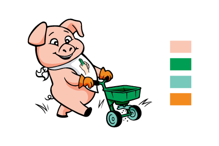 Lawn Doctors Mascot - Pig Wearing a Bandana and Pushing a Fertilizer Cart