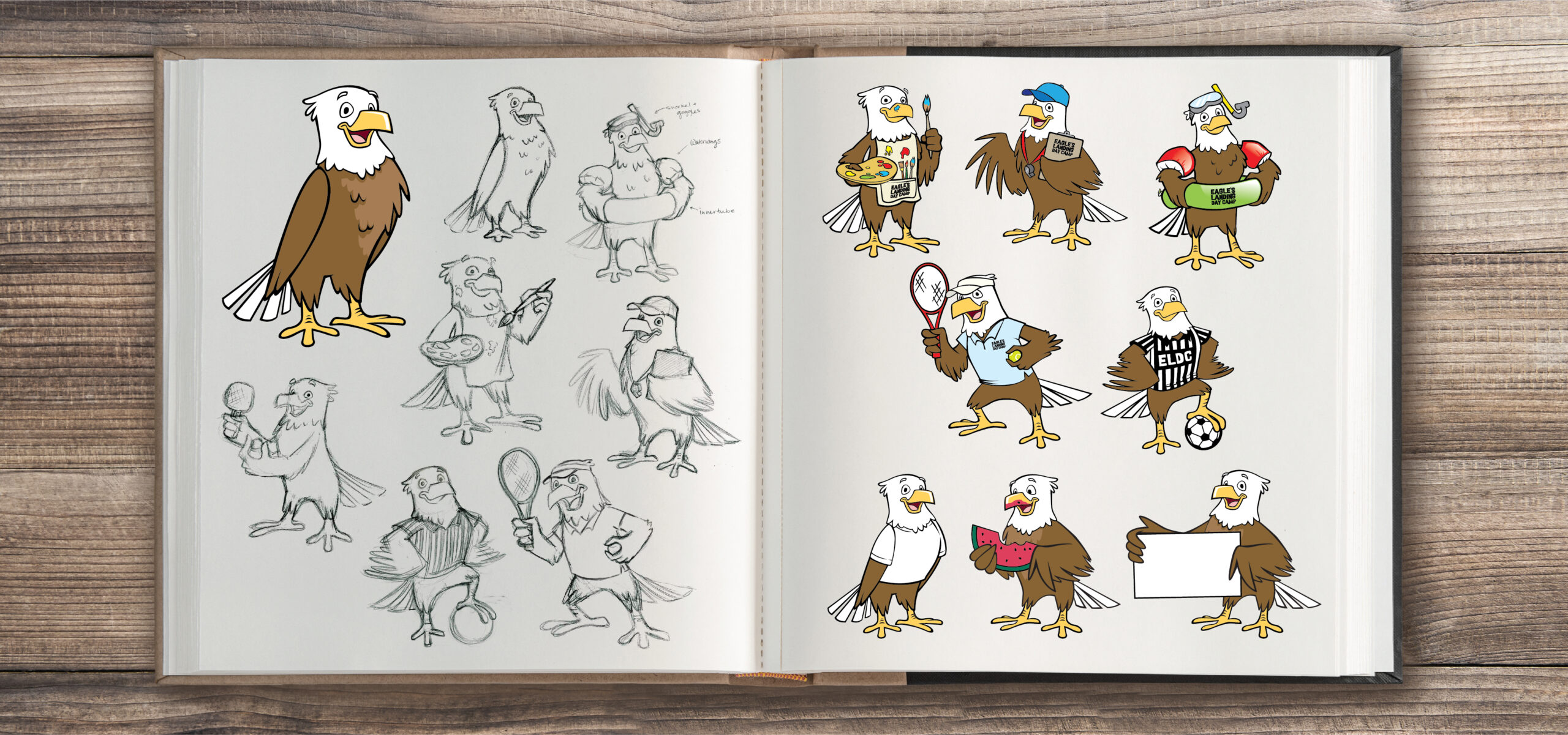 Eagle's Landing Mascot Sketches in Variety of Poses and Costumes