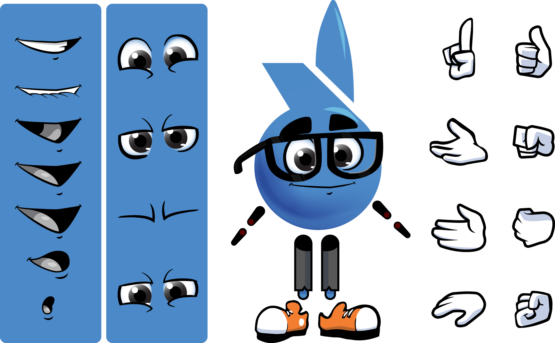 Deconstructed Diagram of Different Assets For Animated Stobi Character with Multiple Hand and Mouth Shapes