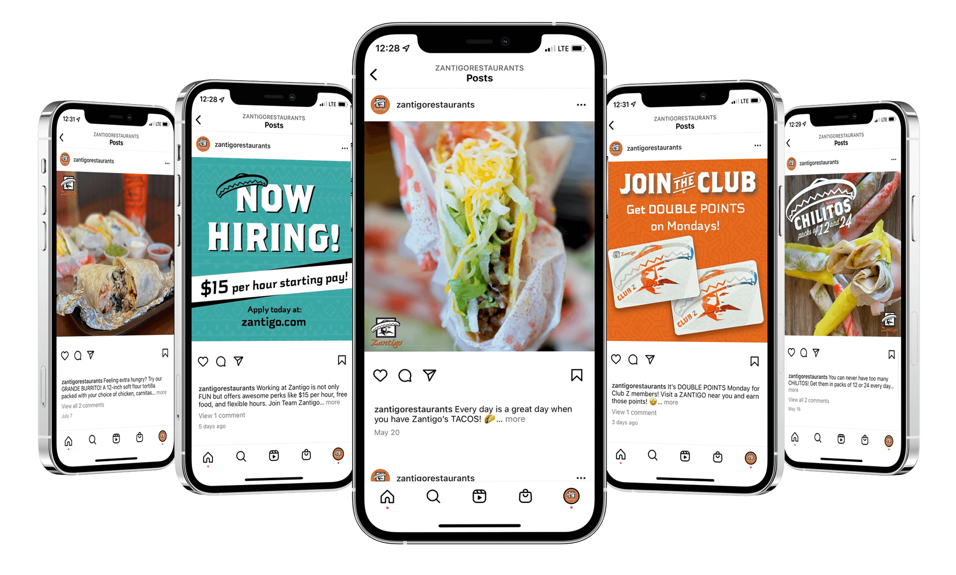 Multiple phone screens showing Zantigo Social Media Posts