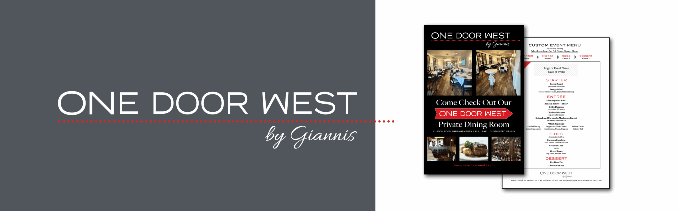 A collage of One Door West's logo and print materials.