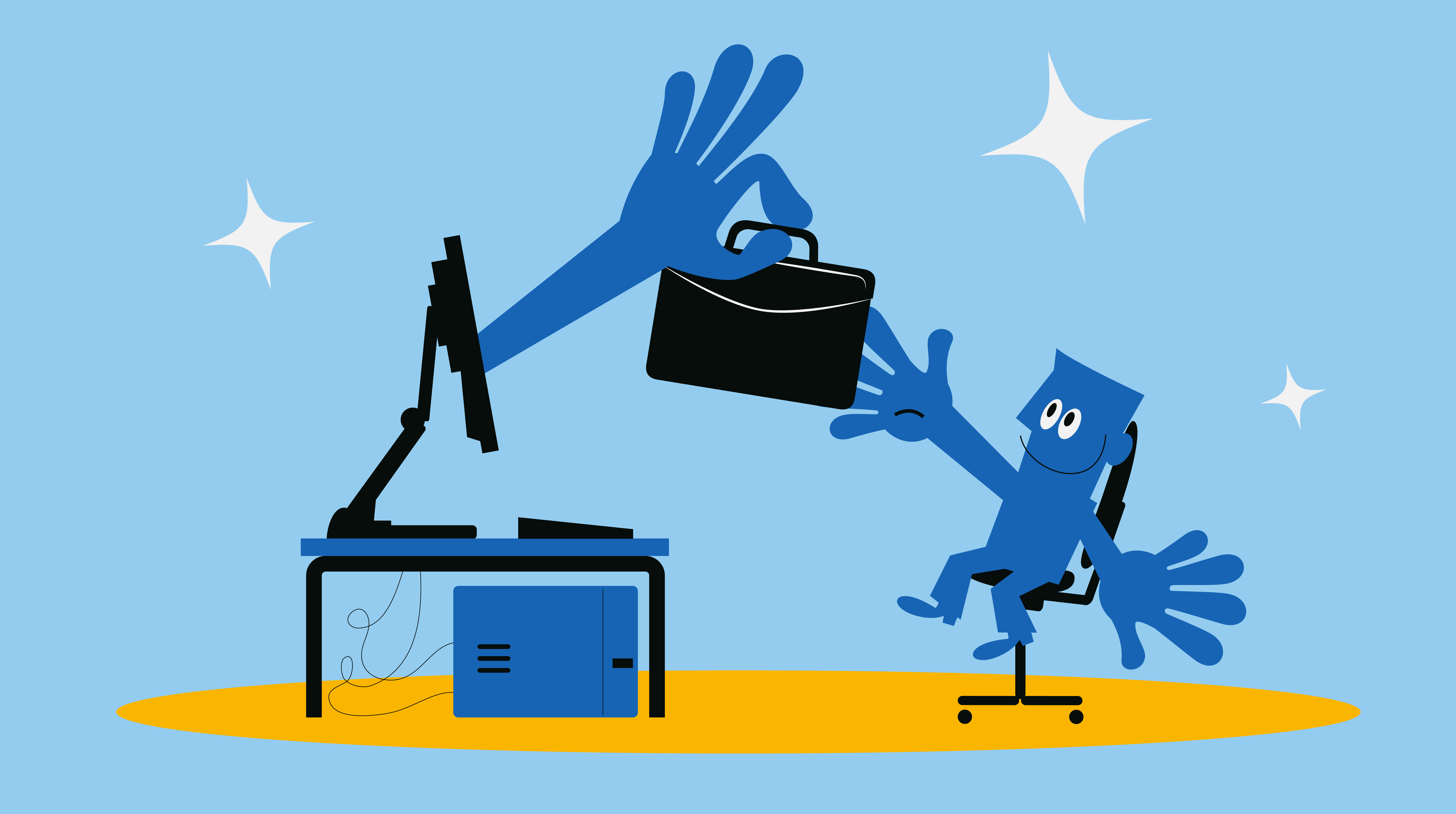 A figure receives a briefcase through a computer.