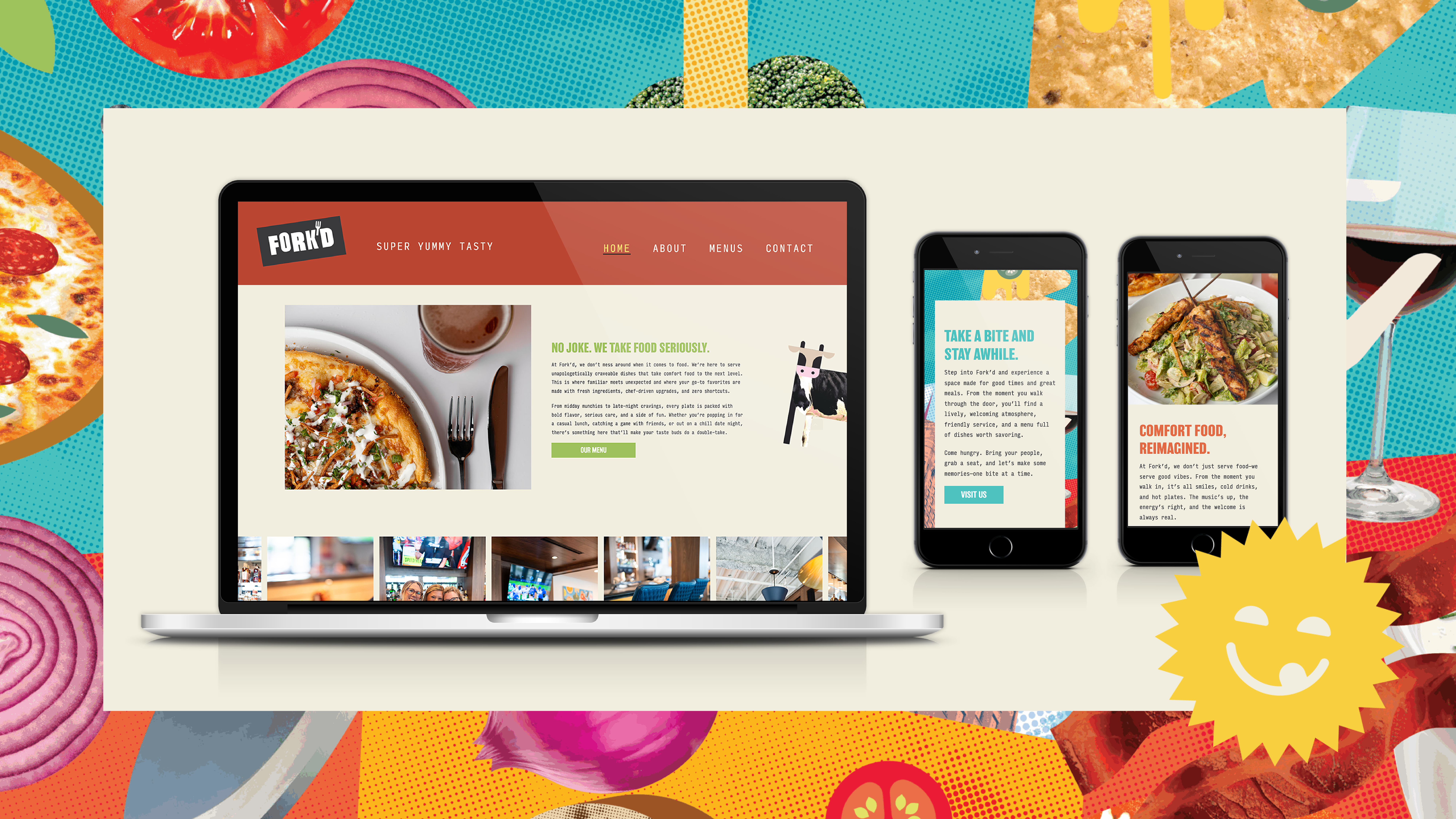 Mock-ups of the Fork'd website on their branded mural background.