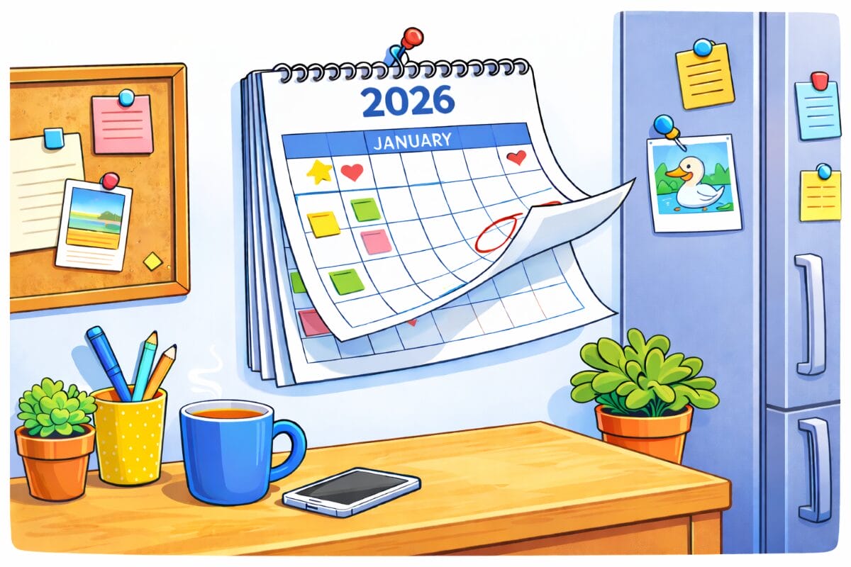 A calendar in a cluttered kitchen flips to January 2026.