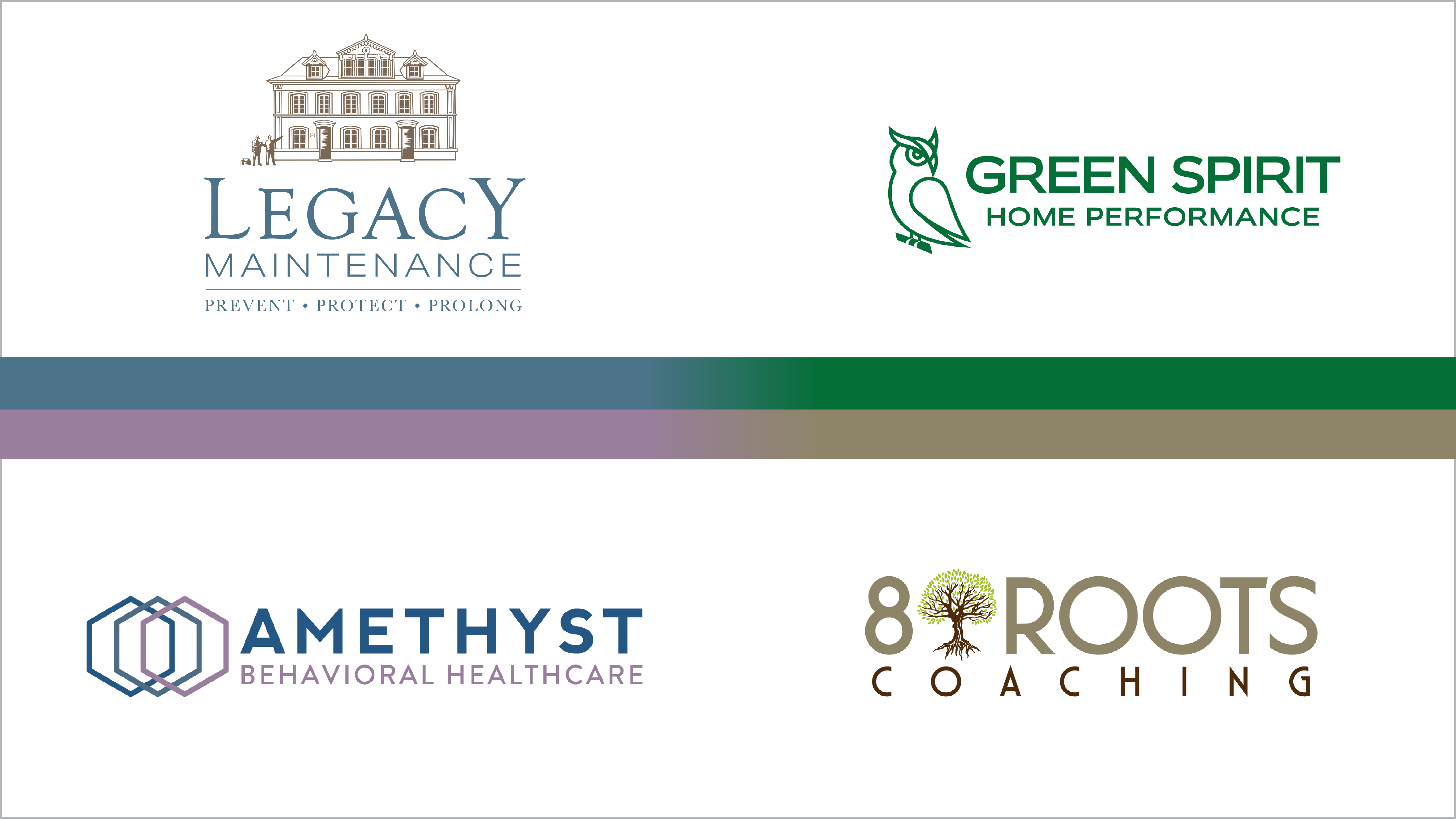 A collage of four logos: Green Spirit Home Performance, Legacy Maintenance, Amethyst Recovery Solutions, 8 Roots Coaching