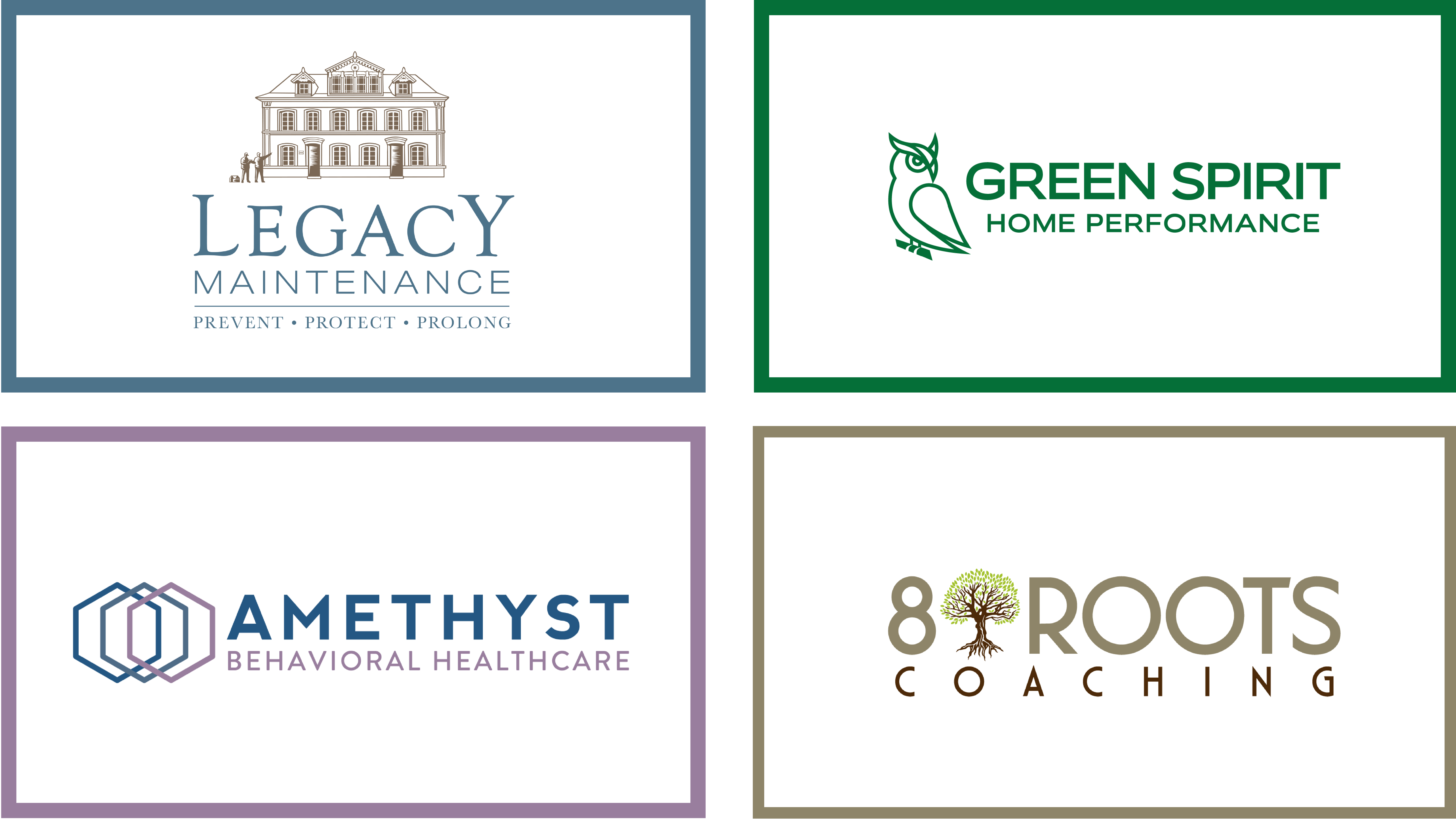 A collage of four logos: Green Spirit Home Performance, Legacy Maintenance, Amethyst Recovery Solutions, 8 Roots Coaching