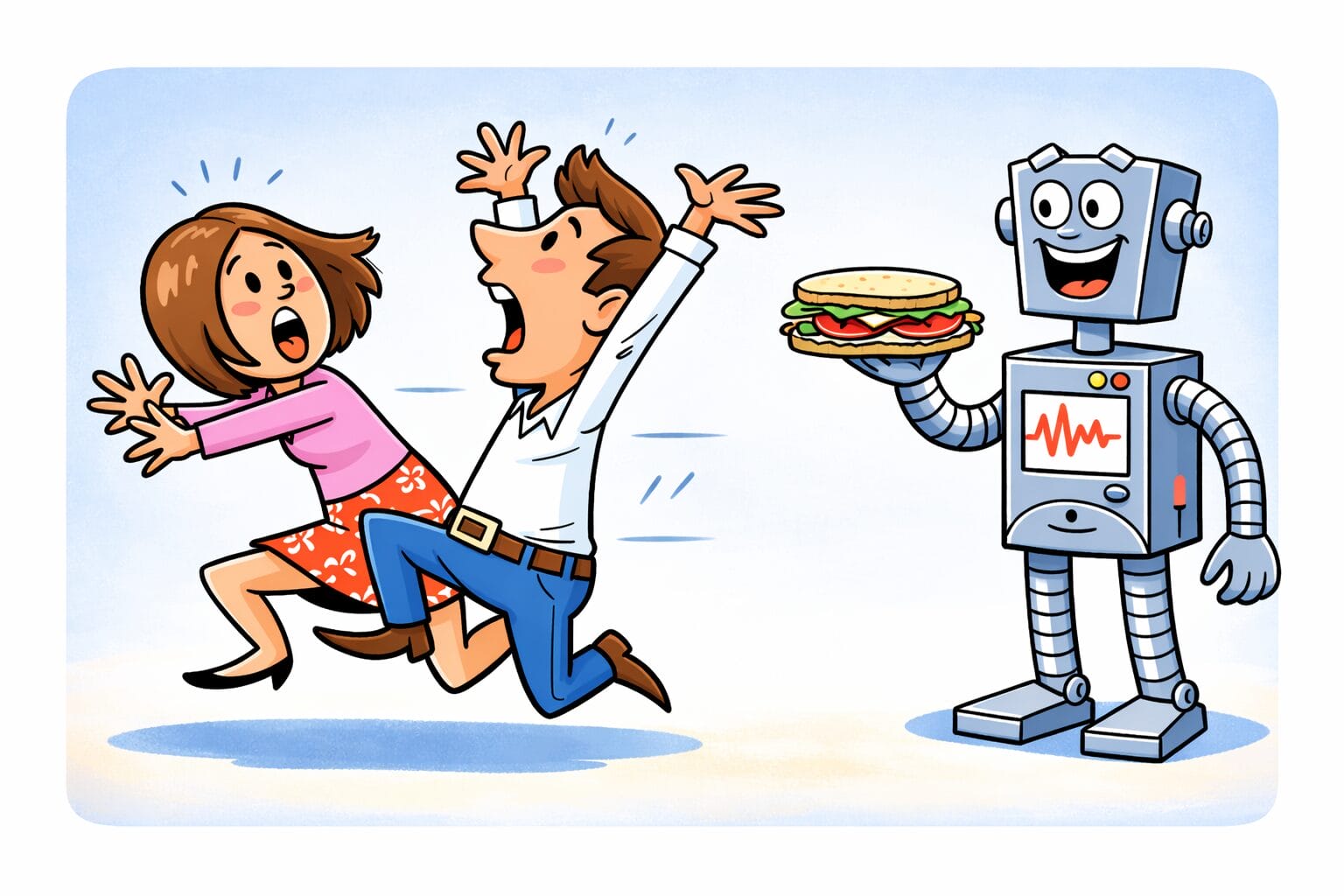 A terrified duo run from a robot holding a sandwich.
