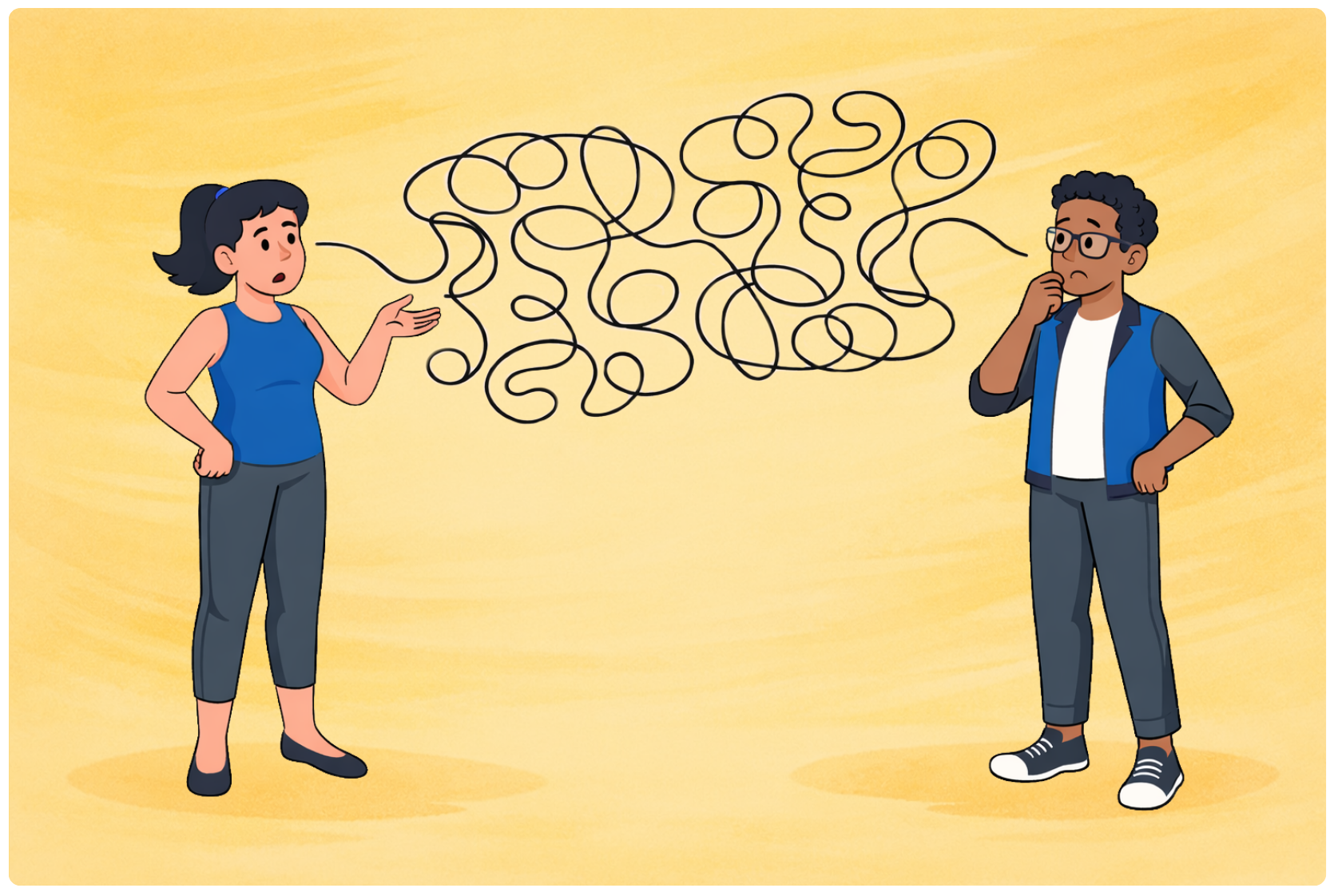 Two figures converse, bu their conversation gets tangled in the middle.