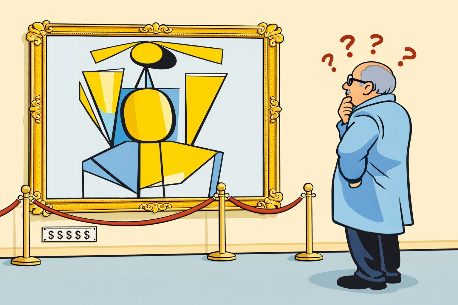 A man looks at an abstract painting with confusion.