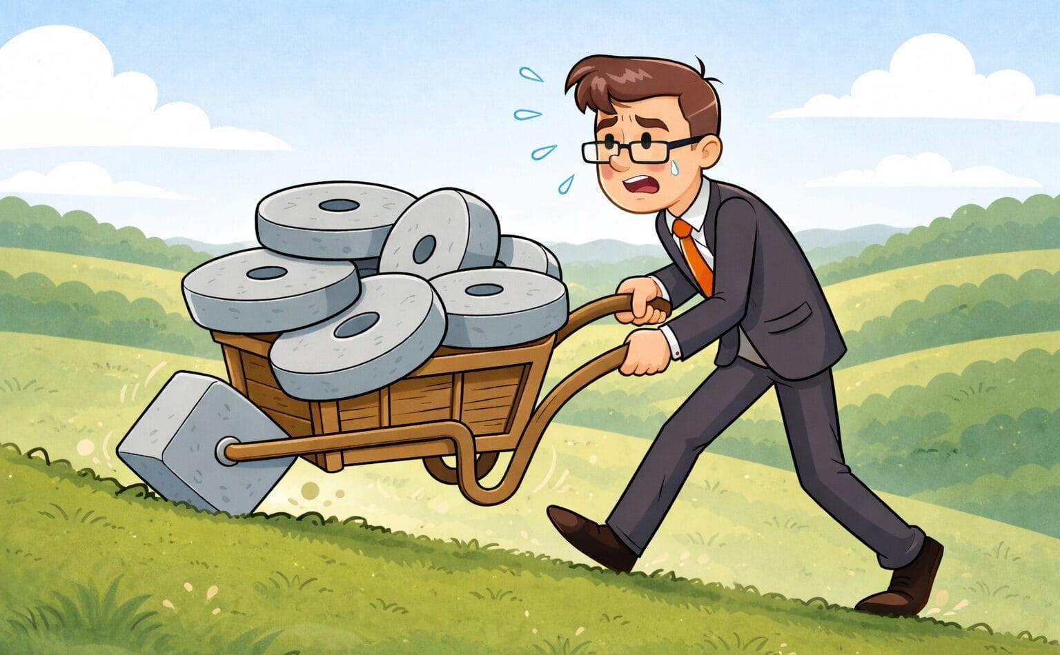 A tired businessman pushes a wheelbarrow up a hill.