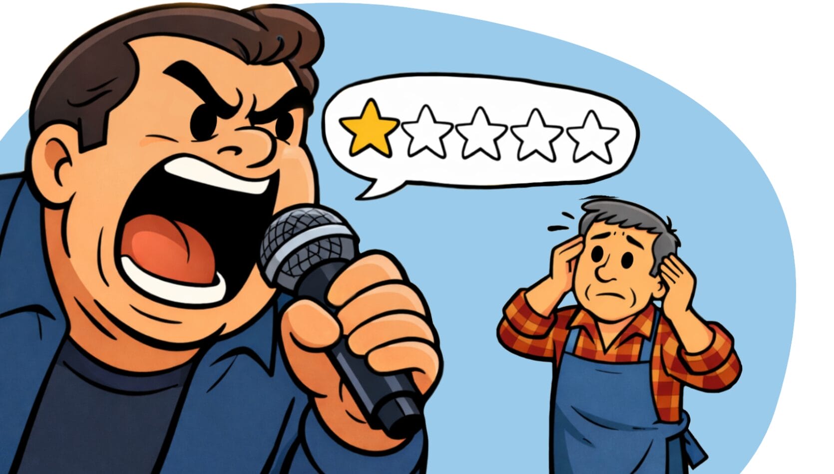 A comic illustration of an angry customer leaving a restaurant owner a 1 star review.